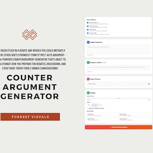 Puede incluir: Interfaz digital para un generador de contraargumentos. El texto dice "Generador de contraargumentos" con el lema "Conoce Auto Argument - el generador de contraargumentos con tecnología de IA". La interfaz incluye secciones para ingresar argumentos y configuraciones.
