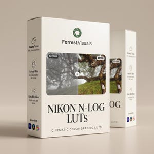 May include: Two white rectangular product boxes for Nikon N-Log LUTs by ForrestVisuals. The front features a before-and-after image of a forest, the text "NIKON N-LOG LUTS," and icons for Dreamy Tones, Natural Skin, and Easy Workflow.