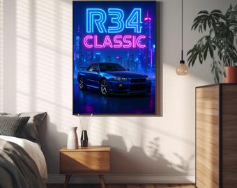 R34 Classic Neon City Print | JDM Car Digital Art | Skyline GTR R34 Poster | Retro Futuristic Car Wall Art | Instant Download