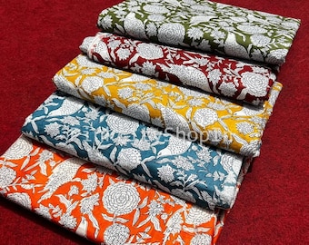 Katoenen stof met handblokprint: bloemen vogelprint, lichtgewicht hobbystof