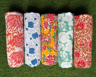 Hand Block Print Cotton Voile Fabric: Floral & Bird Design