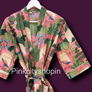 Long Cotton Kimono Robe: Floral Print Beach Cover Up