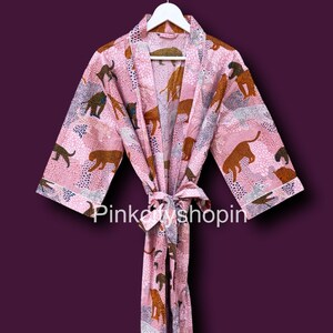 Pink Animal Print Cotton Kimono Robe: Bridesmaid Dressing Gown