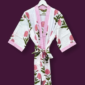 Cotton Kimono Robe: Block Print Floral Dressing Gown