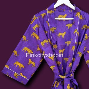 Cotton Kimono Robe: Purple Leopard Print Festival Robe