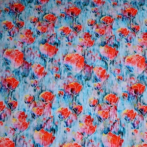 Katoenen stof bloemen: digitale print aqua en oranje, jurk maken per meter