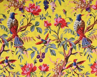 Yellow Bird Print Cotton Fabric: Soft Upholstery Cloth By The Yard