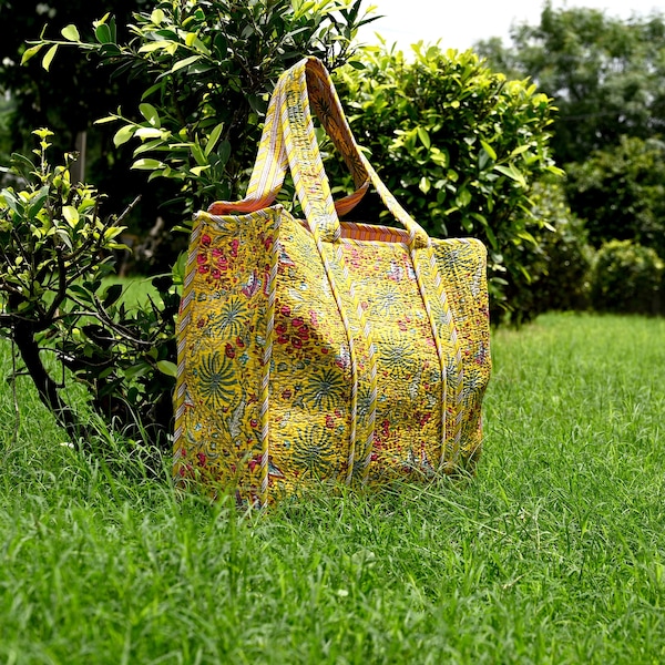 Yellow Floral Block Print Tote Bag, Travel Tote Bag, Summer Tote Bag, Quilted Cotton Hand printed Large Bag, Woman Gift