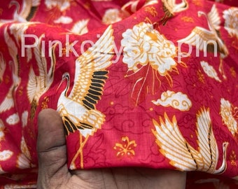 Bird Print Cotton Fabric: Red Floral Sewing Material