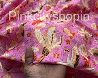 Pink Bird Print Cotton Fabric: Indian Dressmaking Material