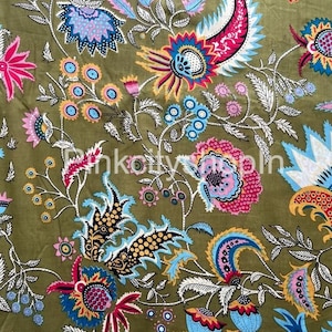 Floral Cotton Fabric: Dusty Green Indian Screen Print (42 inch)