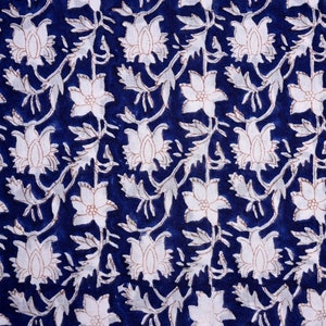 Hand Block Print Floral Cotton Fabric: Blue & White Indian Fabric By The Yard