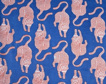 Blue Tiger Cotton Fabric, Indian Heavy Cotton Fabric, Kimono Kaftan Making Fabric, Soft Cotton Fabric, Gift For Mom