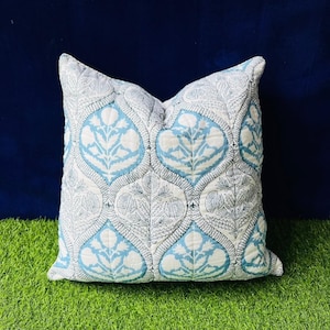 Hand Quilted Indian Cotton Cushion Cover: Retro Block Print (18x18)