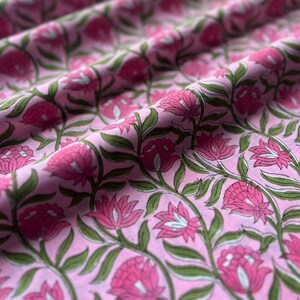 Pink Floral Hand Block Printed Cotton Fabric: Quilting & Crafts