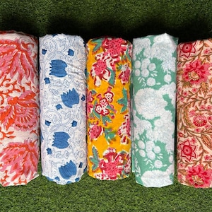 Hand Block Print Cotton Voile Fabric: Floral & Bird Design