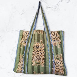 Handmade Tiger Print Quilted Cotton Tote Bag: Large Travel Purse