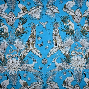 Woodland Animal Print Cotton Fabric: Turquoise Indian Fabric By The Yard