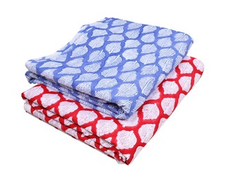 Hand Block Print Cotton Fabric: Red & Blue Leaf Design