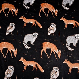 Black Cotton Fabric: Woodland Animal Print, Quilting & Home Decor