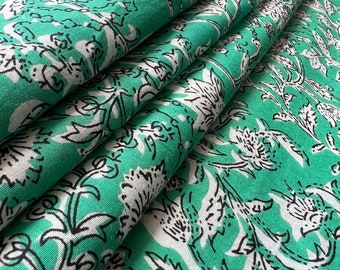 Green Floral Block Print Fabric, Indian Cotton Fabric, Fabric for Dresses, Dress Material Fabric, Organic Color, Unique Fabric