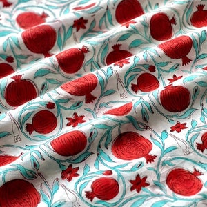 Pomegranate Hand Block Print Cotton Fabric: Floral Bird Design