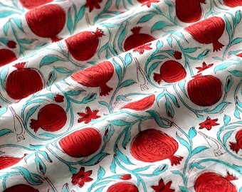 Pomegranate Hand Block Print Fabric, Soft Cotton Fabric, Fabric By The Yard, Woman Clothing Fabric, Patio Decorative Fabric