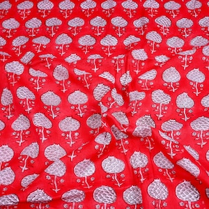 Red Floral Cotton Voile Fabric: Hand Block Printed Sewing Quilting, 42&quot; Wide