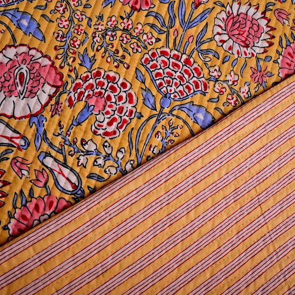Floral Quilted Cotton Fabric: Yellow Block Print, Warm Jacket Material By The Yard
