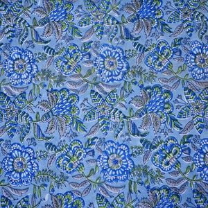Blue Floral Cotton Fabric: India Block Print Sewing Material