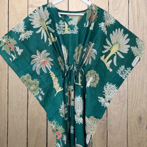 Green Palm Tree Cotton Kaftan Dress: Indian Fabric Resort Wear