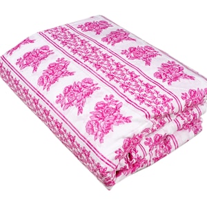 Pink Floral Stripe Cotton Fabric: Hand Block Printed Summer Yardage
