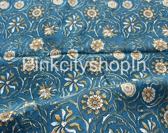 Teal Blue Floral Cotton Fabric: Indian Hand Block Print By The Yard