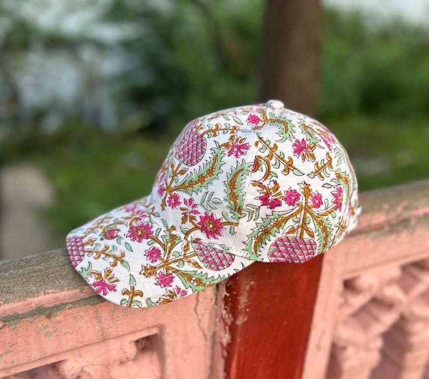 Hand Block Printed Floral Cap: Unisex Cotton Summer Hat - Etsy display picture 1