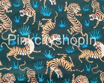 Indian cotton fabric, jungle tiger print, fabric by the yard, green women dress, upholstery curtain pillow quilt cloth, home decor