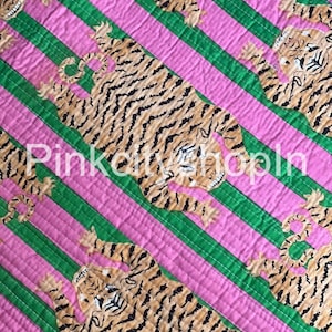 Pink & Green Stripe Quilted Fabric, Tiger Printed Quilted Fabric, Wall Hanging Fabric, Kids Project Tote Bag Home Decor Fabric, Gift For Her