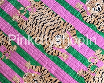 Pink & Green Stripe Tiger Print Quilted Cotton Fabric