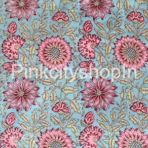 Hand Block Printed Flower Fabric: Pink & Turquoise Cotton Upholstery
