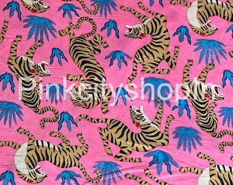 Pink Tiger Print Cotton Fabric, Indian Animal Print, Home Decor By The Yard