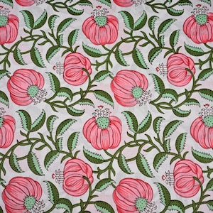 Floral Block Print Cotton Fabric: Pink & White Dress Material