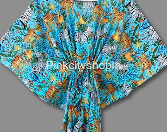 Kaftanjurk van Indiase katoen: maxi loungewear met jungleprint