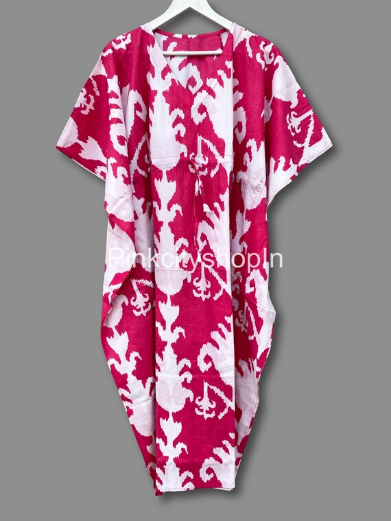 Caftan Long Femme En Coton 4XL – Style Bohème Ikat, Manches Kimono, Lavage Main