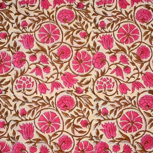 Pink Floral Cotton Fabric: Indian Hand Block Print Dress Fabric