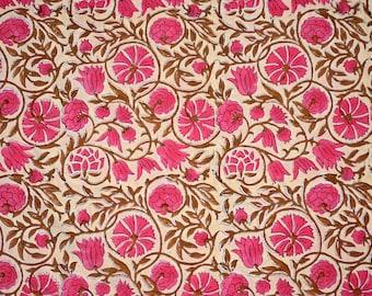 Pink Floral Cotton Fabric: Indian Hand Block Print Dress Fabric