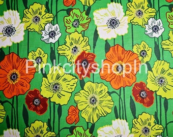 Green Floral Print Cotton Fabric: Soft Sewing Material by the Yard