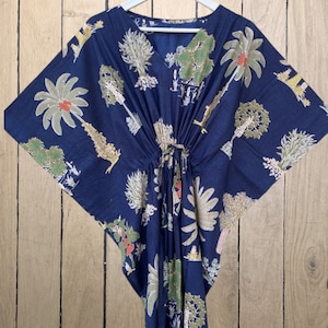 Palm Tree Cotton Kaftan Dress: Beach Resort Lounge Wear