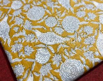 Hand Block Print Cotton Fabric: Floral Bird Dress Material