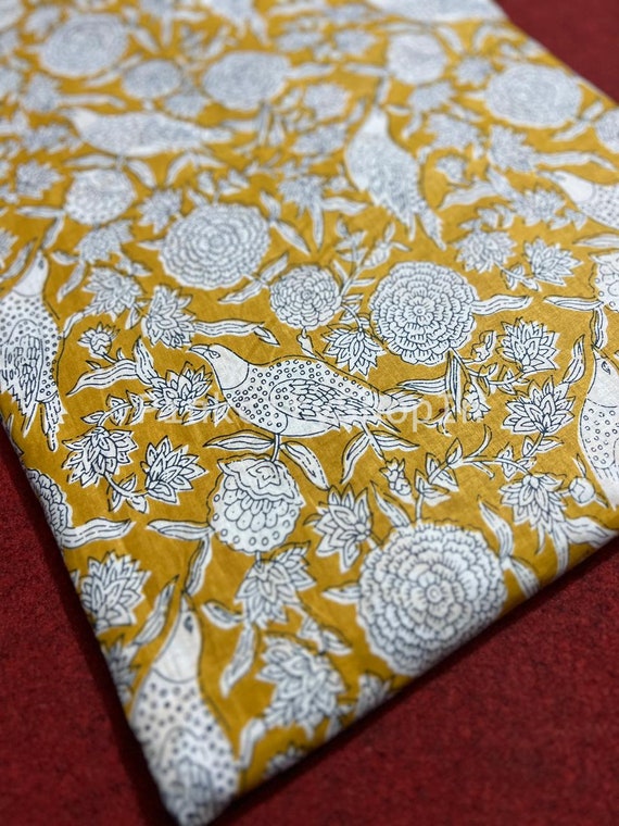 block print cotton dress material Hand Block Print Cotton Fabric: Floral Bird Dress Material