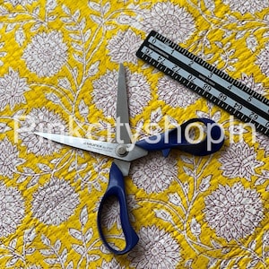 Handmade Block Print Quilted Cotton Fabric: Yellow Floral, 40 Inch