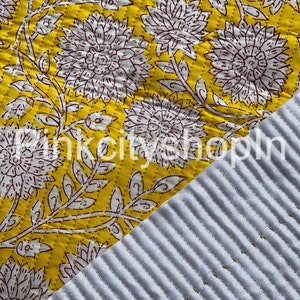 Yellow Floral Quilted Cotton Fabric: Mustard Gray Flower Print, By The Yard